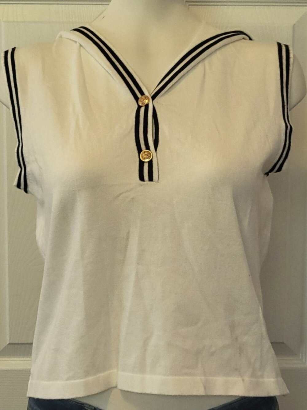 La Vila Milano Knit Tank Top Size M Crop White & Black Nautical, Sleeveless NWT
